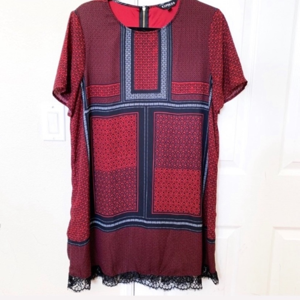 Express Red Printed Dress with Lace Hem